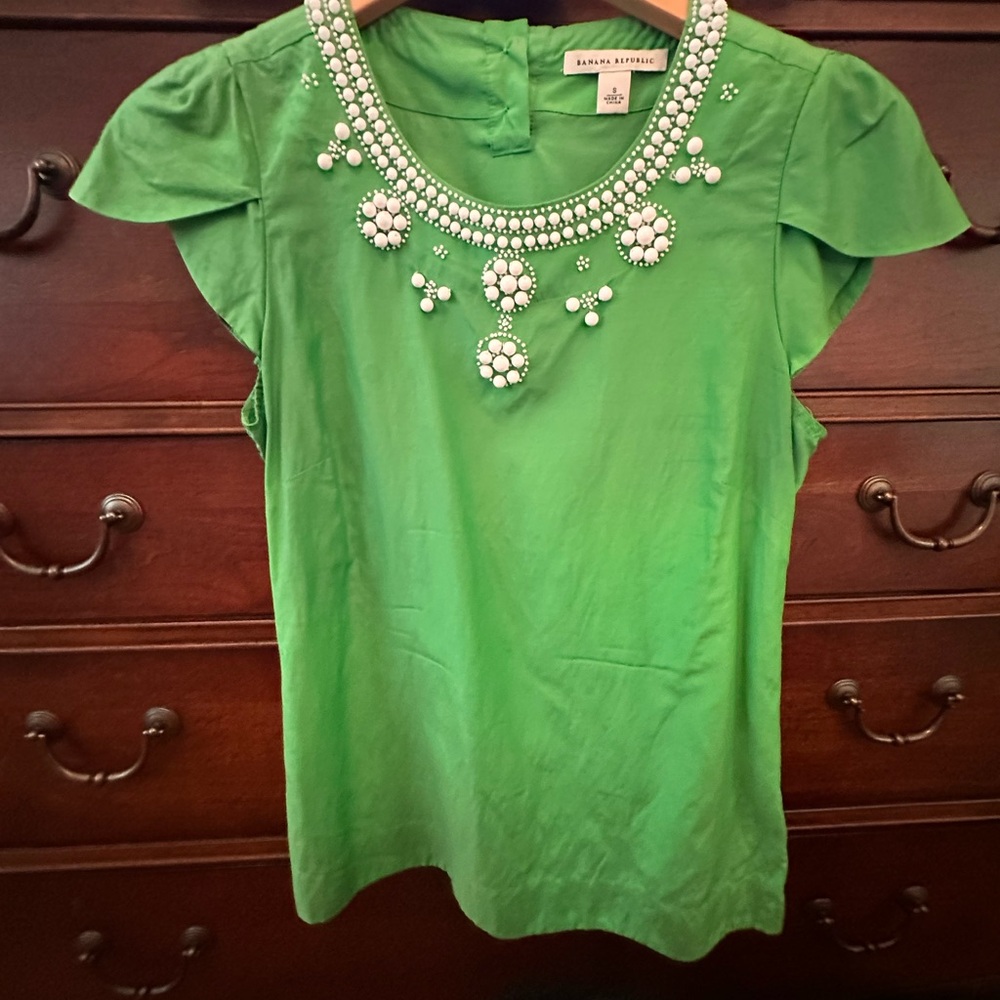 BANANA REPUBLIC Silk & Cotton Blend Green Beaded Blouse